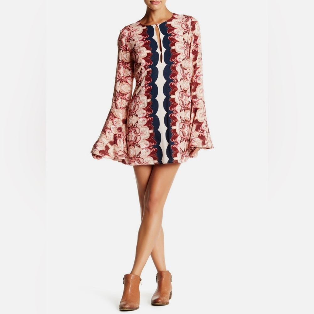 Free People Long Sleeve Floral Dress - Red and Blue